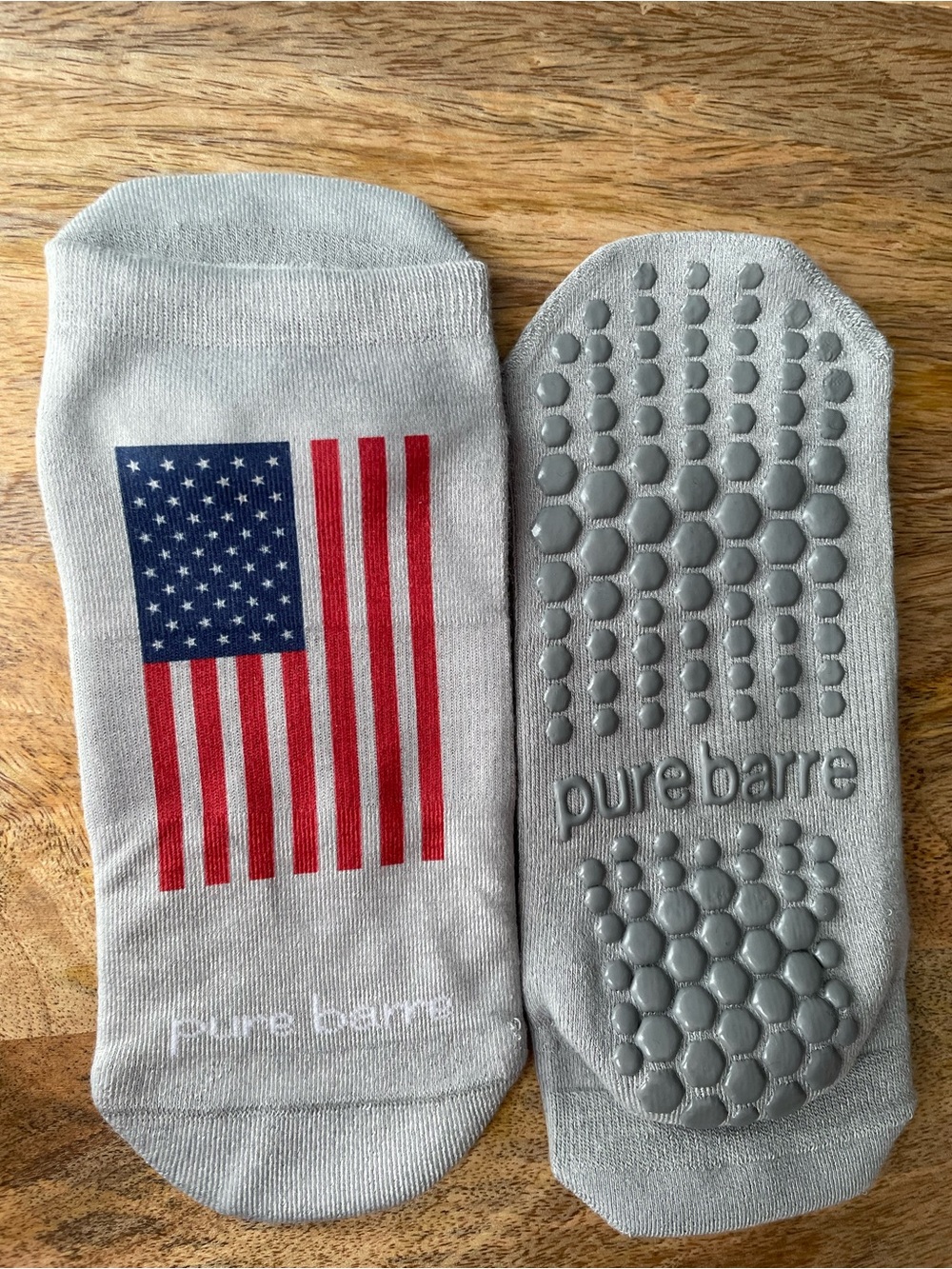 Pure Barre American Flag Grey Low Rise Grip Socks with Silver Lettering NWOT